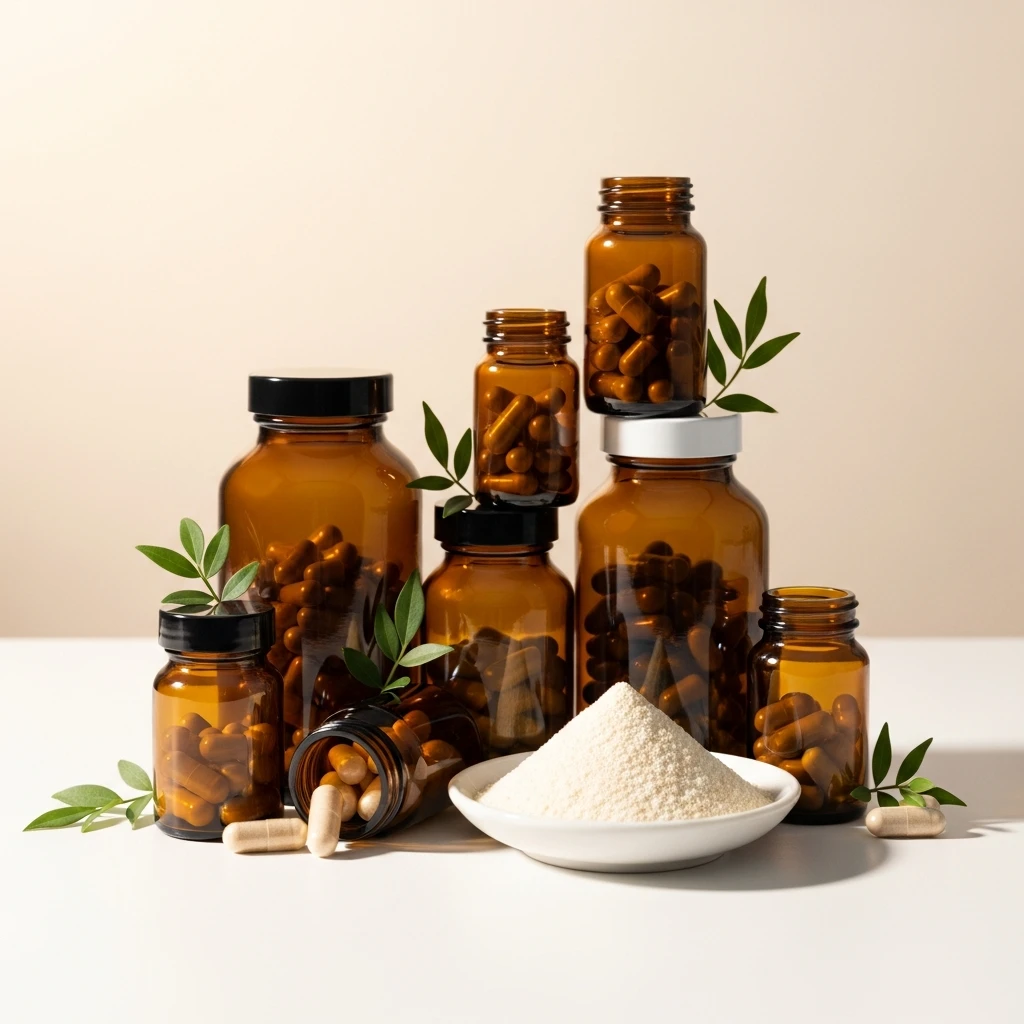 Anti-aging supplement stack 2026 — NMN, Resveratrol, Spermidine, CoQ10, and Collagen Peptides arranged on a clean white surface