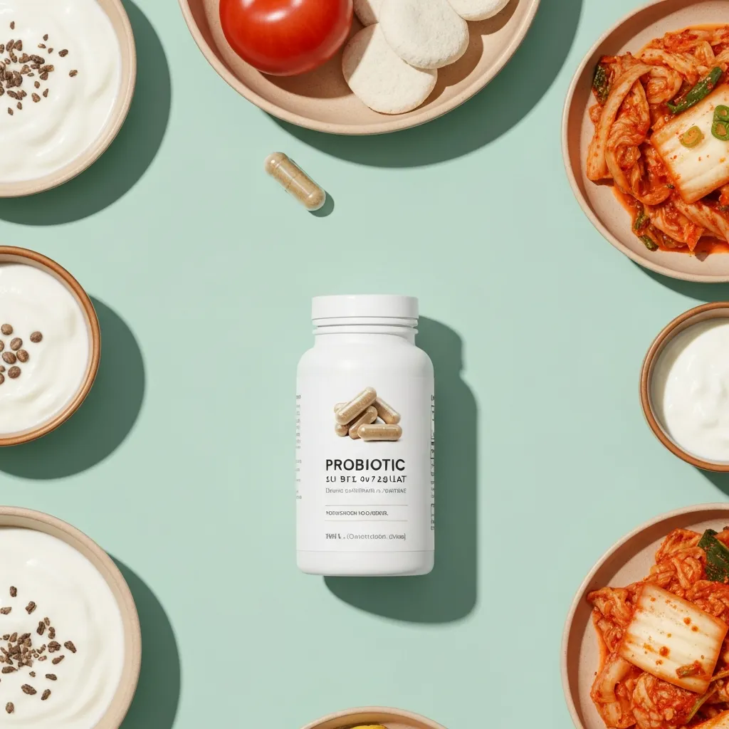 Probiotic supplements and gut-healthy fermented foods representing the gut microbiome