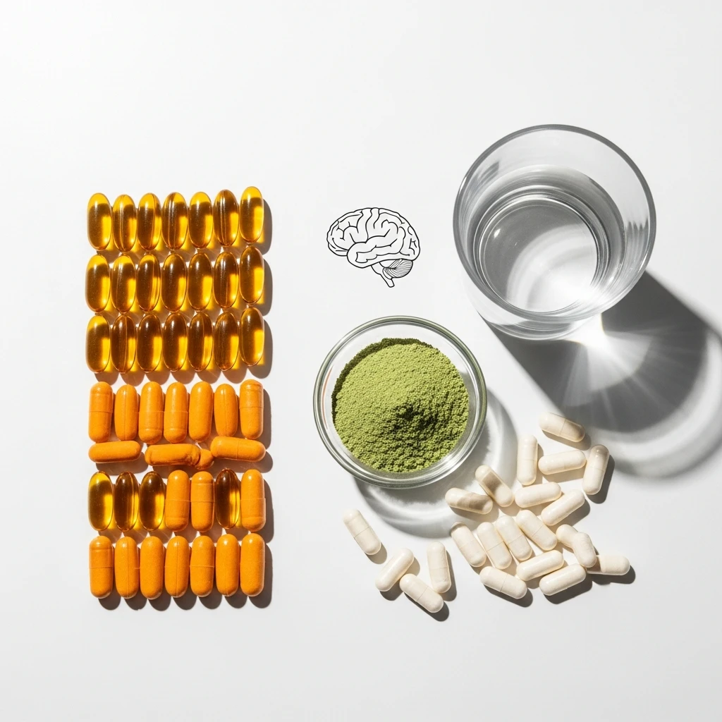 Energy and focus optimization supplement stack 2026 — L-Tyrosine, Rhodiola Rosea, Creatine, Alpha-GPC, and B-Complex arranged on a clean surface