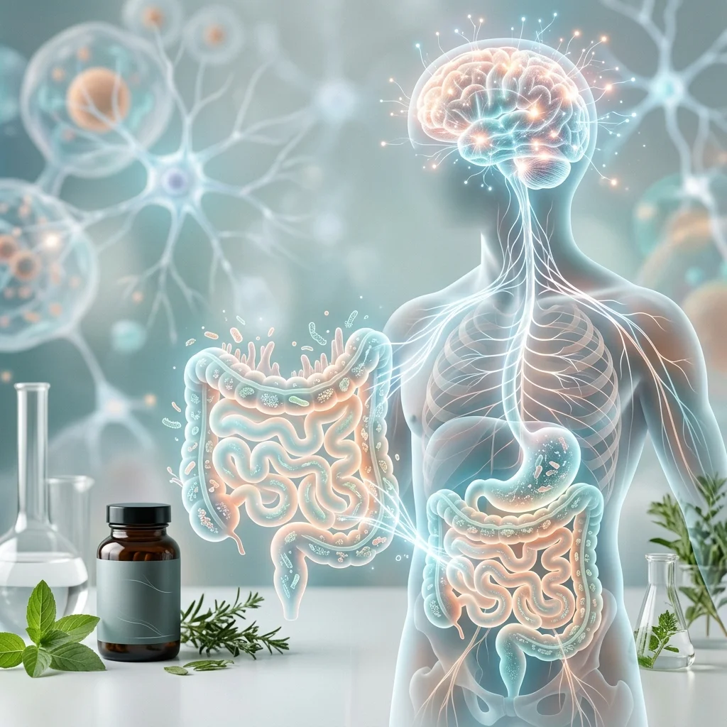 Conceptual illustration of the connection between the human gut and brain with neural pathways