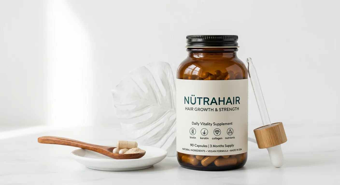 Hair growth and strength supplement stack 2026 — Biotin, Collagen, Saw Palmetto, Pumpkin Seed Oil, and Zinc arranged on a clean wooden surface