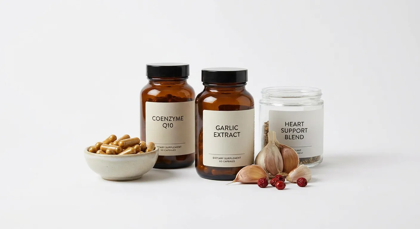 Heart health and circulation supplement stack 2026 — CoQ10, aged garlic extract, L-citrulline, omega-3 fish oil, and vitamin K2 with D3 for cardiovascular support