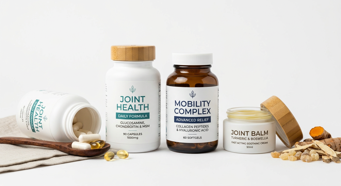 Joint health and mobility supplement stack 2026 — Glucosamine, Chondroitin, UC-II Collagen, Curcumin, and Omega-3 arranged on a clean wooden surface