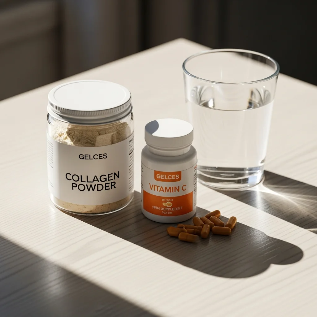 Skin health and longevity supplement stack 2026 — Collagen Peptides, Vitamin C, Hyaluronic Acid, Astaxanthin, and Phytoceramides arranged on a clean wooden surface